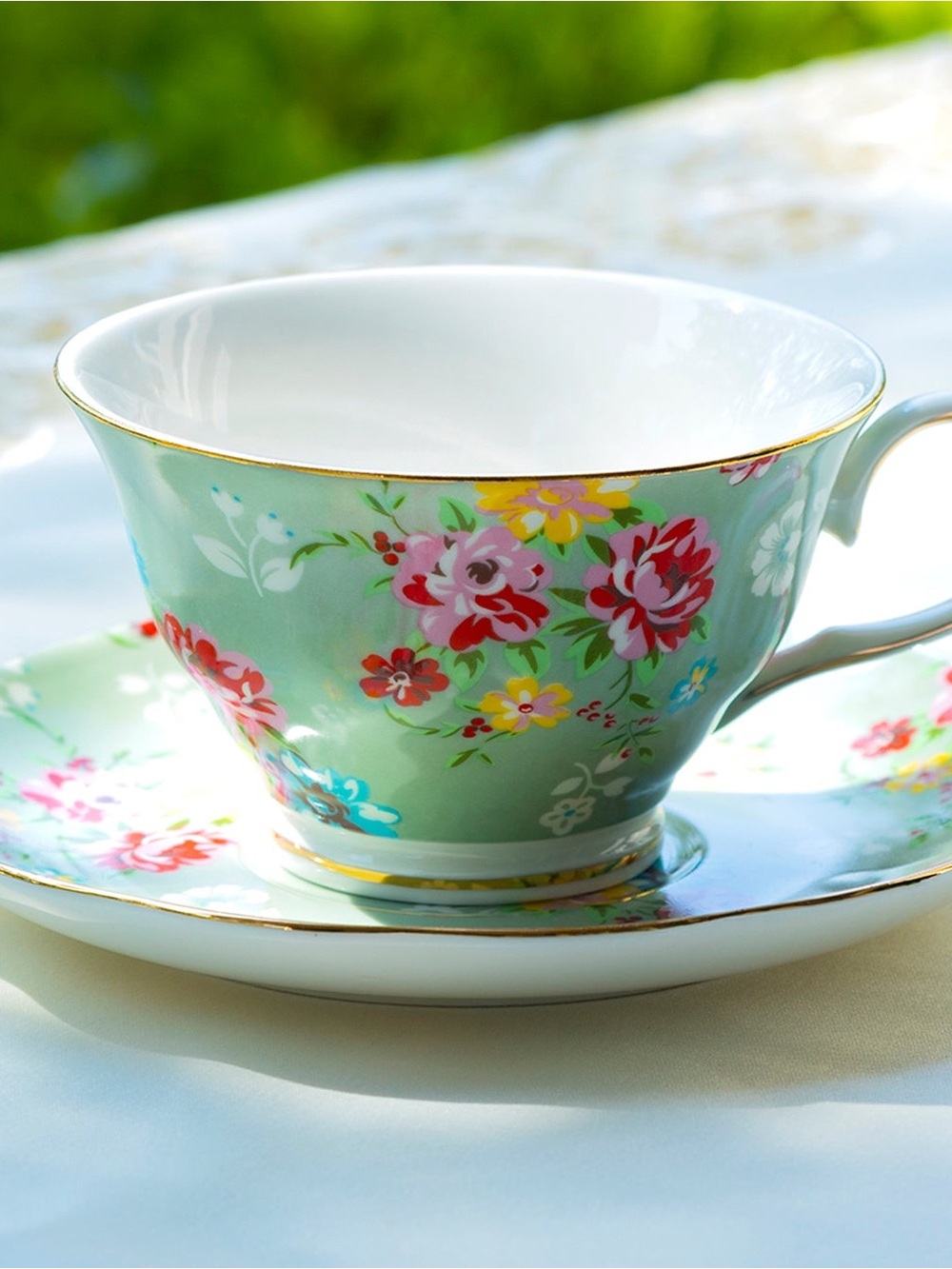 Grace Teaware Green Shabby Rose Fine Porcelain Tea Cup and Saucer